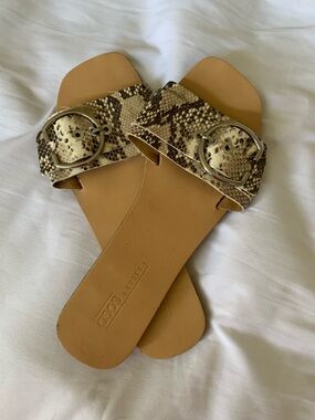 ASOS Tan Snake-Print Slide Sandals with Silver Buckles